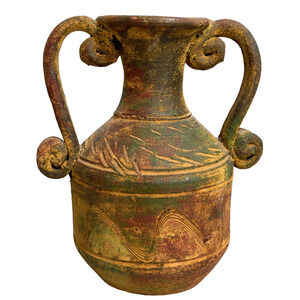 Vintage Rustic Handmade Mexican Clay 2 Handle Pottery Vase Artisan Earth Tones